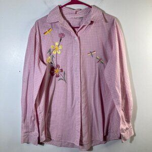 Womens Allison Daley Gingham Button Shirt Long Sleeve Dragonflies‎ M